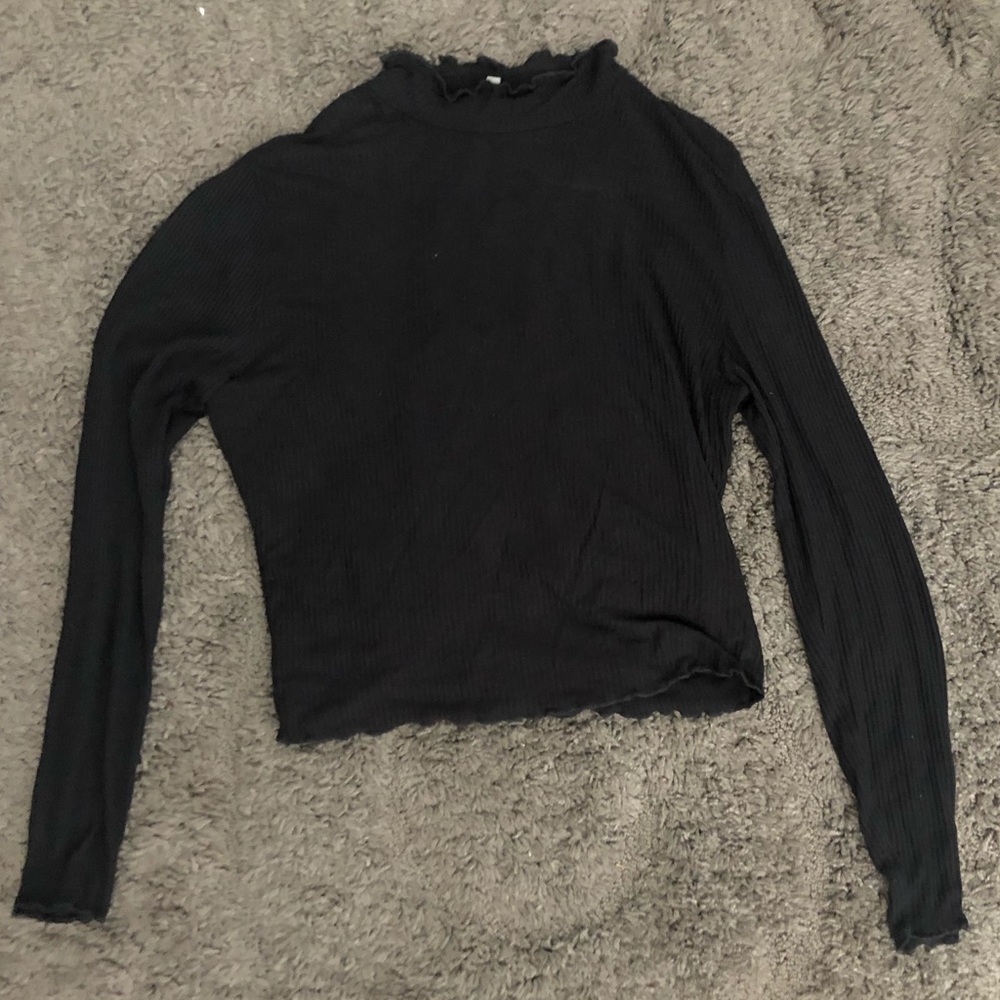 Charlotte Russe Black Ribbed Mock Neck Lettuce Trim Long Sleeve Large